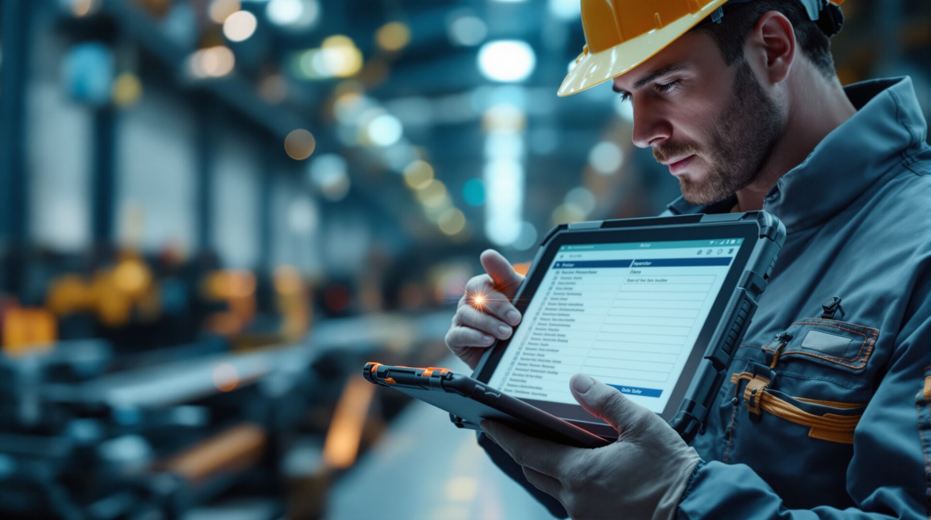 Inspetor apontando ensaio em tablet no chão de fábrica